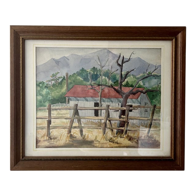 Vintage Original Watercolor Painting “Red Roof Farmhouse”, Framed For Sale
