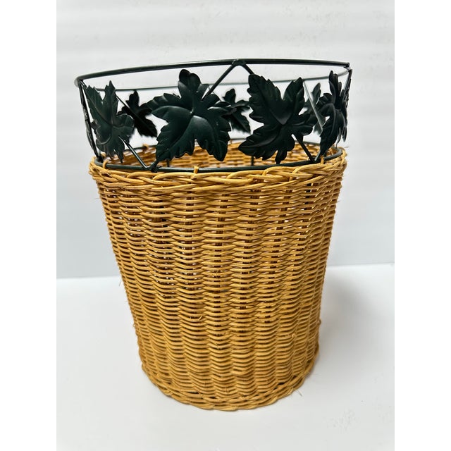 Vintage Late 20th Century Wicker Woven Waste Basket With Green Metal Leaf Accent For Sale - Image 4 of 9