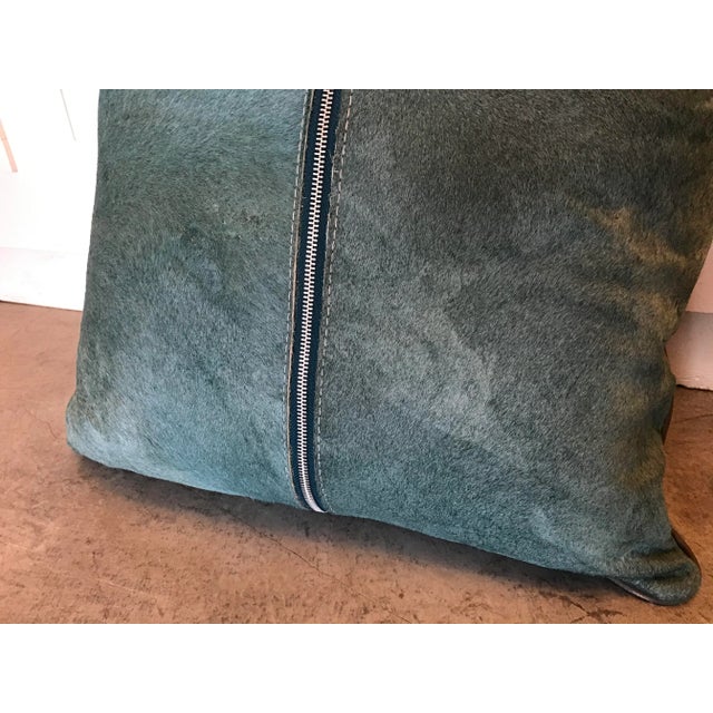 Early 21st Century Custom Green Cow Hide Pillow With Leather Piping For Sale - Image 5 of 7