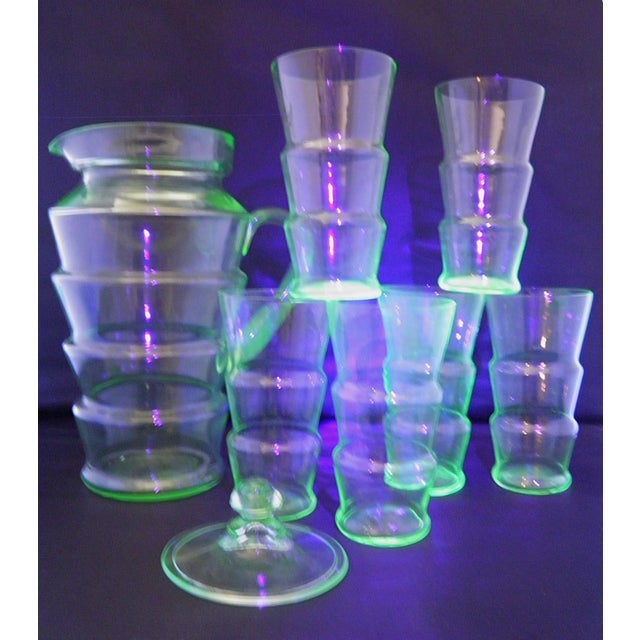 Art Deco Antique Art Deco Dunbar Green Uranium Glass Pitcher 6 Tumblers Large 8pc Set For Sale - Image 3 of 18