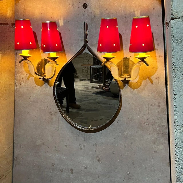 1950s French Red Star Floral Sconces in Brass and Art Glass - a Pair For Sale - Image 9 of 11