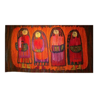 Vintage Mid-Century Tapestry, Handwoven Wool, Folkloric Schoolgirls Design, Crimson & Yellow, 38” X 70” For Sale