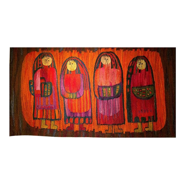 Vintage Mid-Century Tapestry, Handwoven Wool, Folkloric Schoolgirls Design, Crimson & Yellow, 38” X 70” For Sale