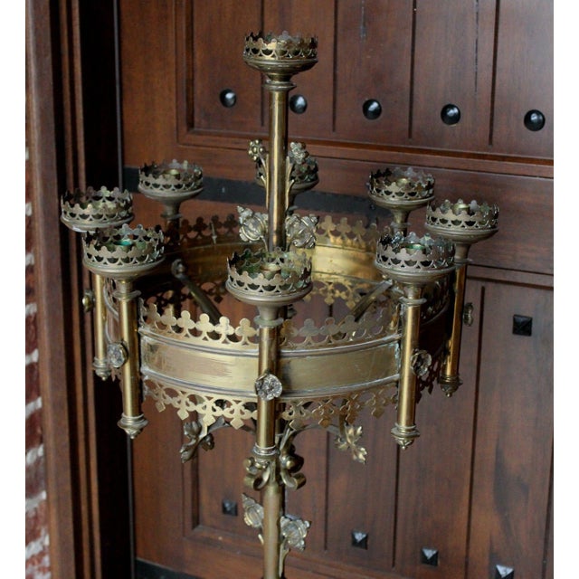 Antique French Large Brass Gothic Church Paschal Altar Candelabra