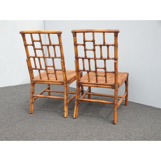Pair Vintage Baker Furniture Side Chairs ~ Chinoiserie Bamboo Cane Brown Chairs For Sale - Image 9 of 15