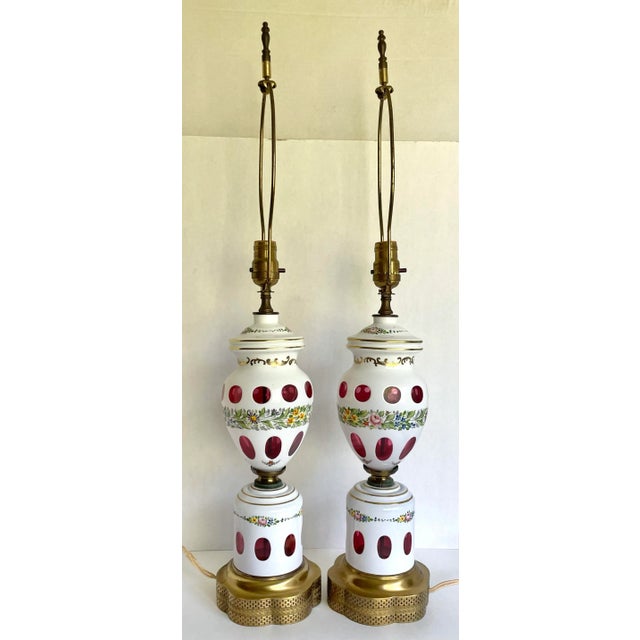 White Antique Bohemian Czech Glass Floral and Brass Lamps - a Pair For Sale - Image 8 of 13