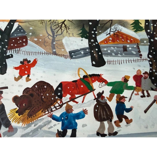 Modern Eastern Europe Artist, Winter Village with Sled and Bear, 1997, Gouache For Sale - Image 3 of 11