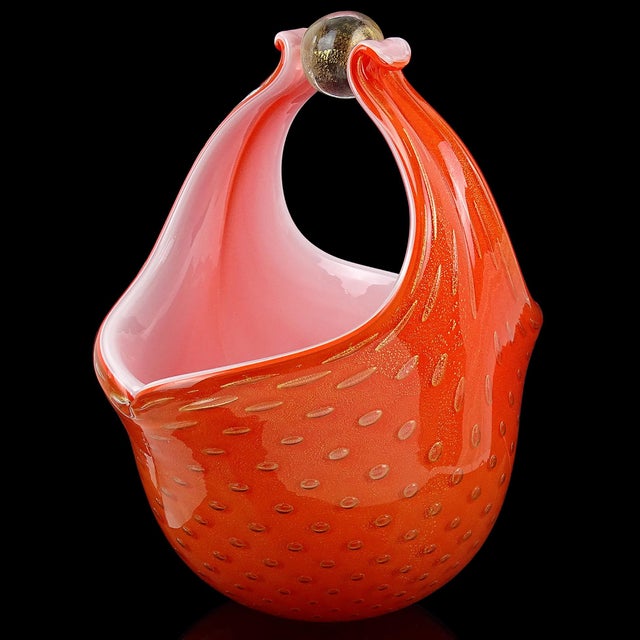 Mid-Century Modern Vintage Barbini Murano Persimmon Orange Gold Flecks Italian Art Glass Mid Century Flower Basket Vase For Sale - Image 3 of 7