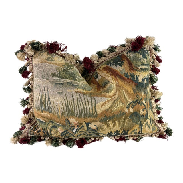 Vintage Hand Woven Tasseled Aubusson Tapestry Pillow For Sale