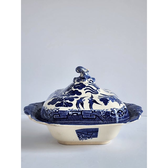 Antique 1870s - 1880s Staffordshire stone china "Blue Willow"pattern earthenware covered bowl. Beautiful bowl to add to...
