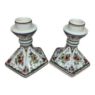 Vintage MCM Delft Hand Painted Ceramic Candlestick Holders-Set of 2 For Sale