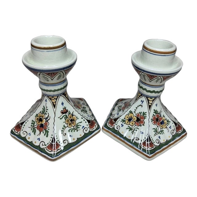 Vintage MCM Delft Hand Painted Ceramic Candlestick Holders-Set of 2 For Sale