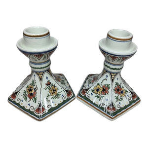 Vintage MCM Delft Hand Painted Ceramic Candlestick Holders-Set of 2
