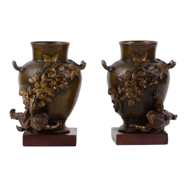 1860's Cherub Bronze Vases on Rouge Marble Bases - a Pair For Sale