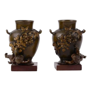 1860's Cherub Bronze Vases on Rouge Marble Bases - a Pair