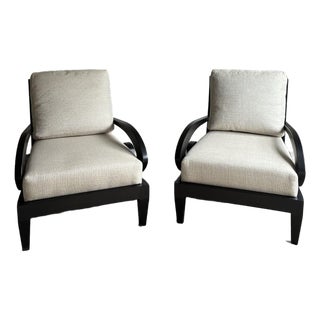 Pair of Late 20th Century Scroll Arm Lounge Chairs in Ebonized Wood For Sale