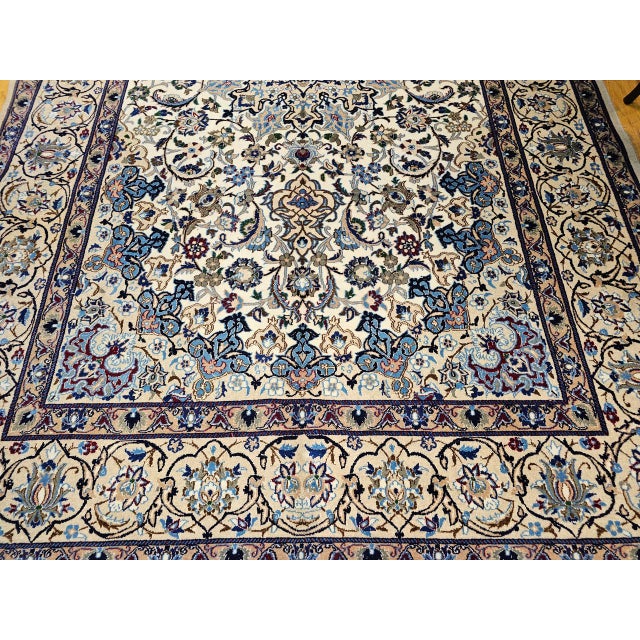 Textile Vintage Persian Nain Area Rug, Hand-Knotted Wool & Silk, Floral Pattern, 7x11, Ivory & Blue For Sale - Image 7 of 12