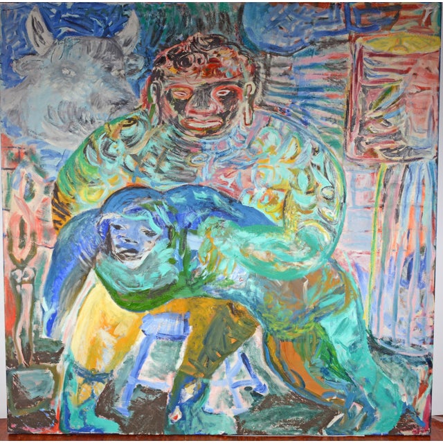 Roberto Juarez, Large Colorful 1983 Neo Expressionist Roberto Juarez Oil Painting Tron Family, 1983 For Sale - Image 9 of 18