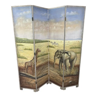 Hand Painted Four Panel Elephant and Giraffe Vintage Screen For Sale
