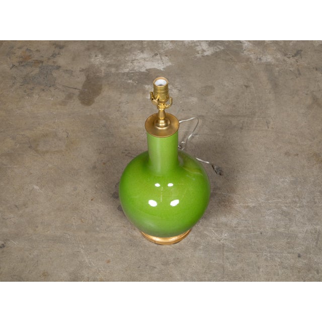 Green Apple Green Porcelain Vase Table Lamp on Gilt Base, Wired for the USA For Sale - Image 8 of 9
