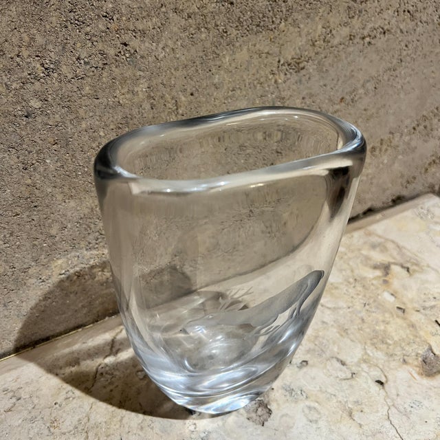 For your consideration, a mid-century danish modern Swedish Strombergshyttan crystal art glass vase. Etched deer. Signed....
