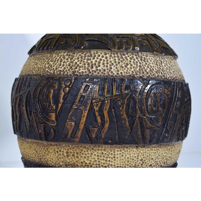 1970s Mid Century Modern Brutalist Style Bulbous Ceramic Table Lamps in Bronze - a Pair For Sale - Image 4 of 9