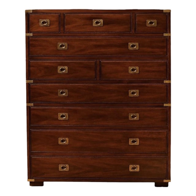 Vintage Campaign Mahogany Tall Chest With Brass Hardware For Sale