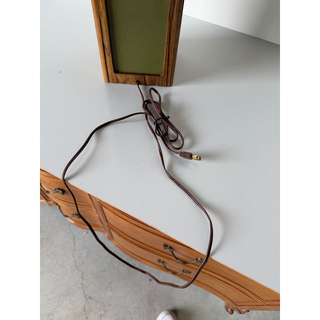 Vintage Carved Oak Wood Table Lamp With Green Inset Panels For Sale - Image 12 of 12