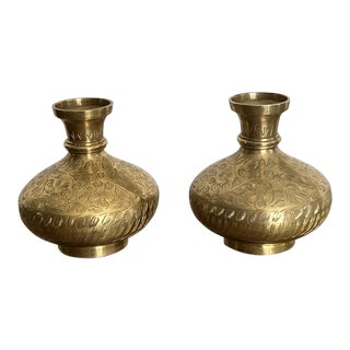 Mid 20th Century Ornately Inscribed Brass Candlesticks- a Pair For Sale