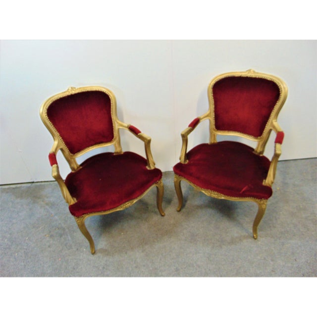 French Louis XV Gold Gilt Red Velvet Chairs - a Pair For Sale - Image 3 of 9