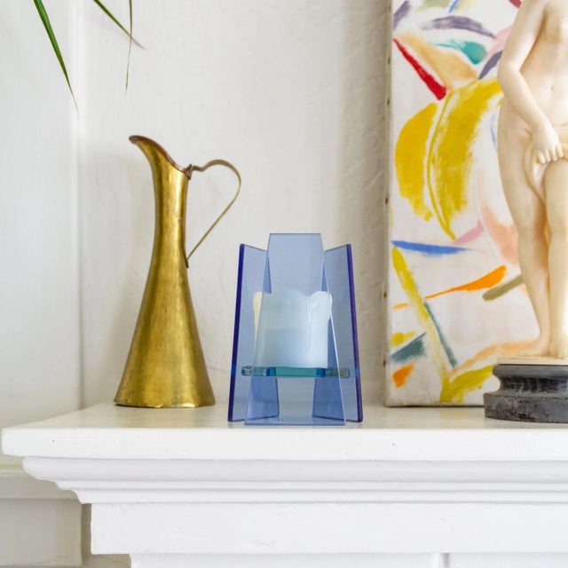 Postmodern Blue Glass Geometric Candle Holder or Sculpture For Sale - Image 6 of 13