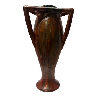 Vintage French Art Nouveau Pottery Vase With Sculptural Triangular Handles For Sale