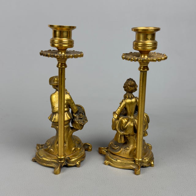 Baroque Lady and Knight Candlesticks in Polished Brass, Set of 2 For Sale - Image 3 of 14