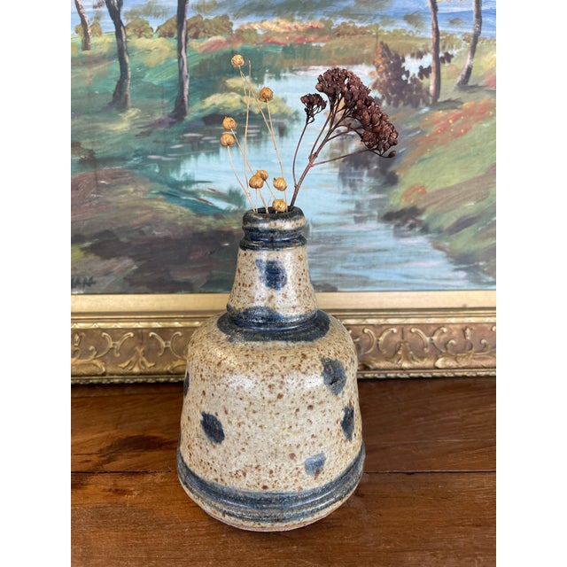 Signed Vintage Studio Pottery Vase by Matay, Hand Thrown Stoneware With Speckled Glaze and Cobalt Brush Accents. For Sale In Seattle - Image 6 of 10