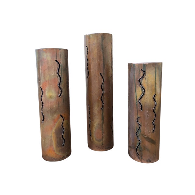 1960s Brutalist Torched Cut Copper Metal Pillar Candle Holders-Set of 3 For Sale - Image 9 of 12