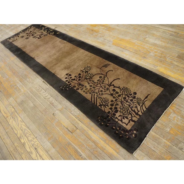 Contemporary 1920s Beige-Brown Floral Modernist Rug Antique Art Deco Runner 2'6'' X 8'10" Carpet For Sale - Image 3 of 9