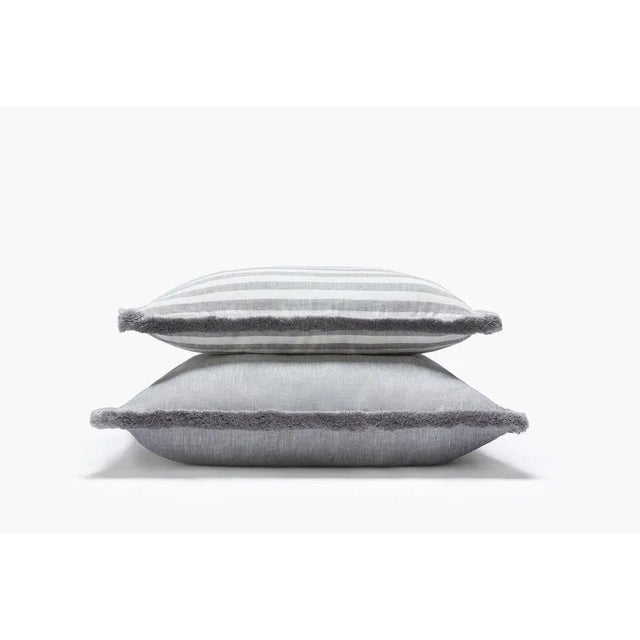 White with Grey Fringes Happy Linen Pillow by LO DECOR for Lorenza Briola For Sale - Image 3 of 5
