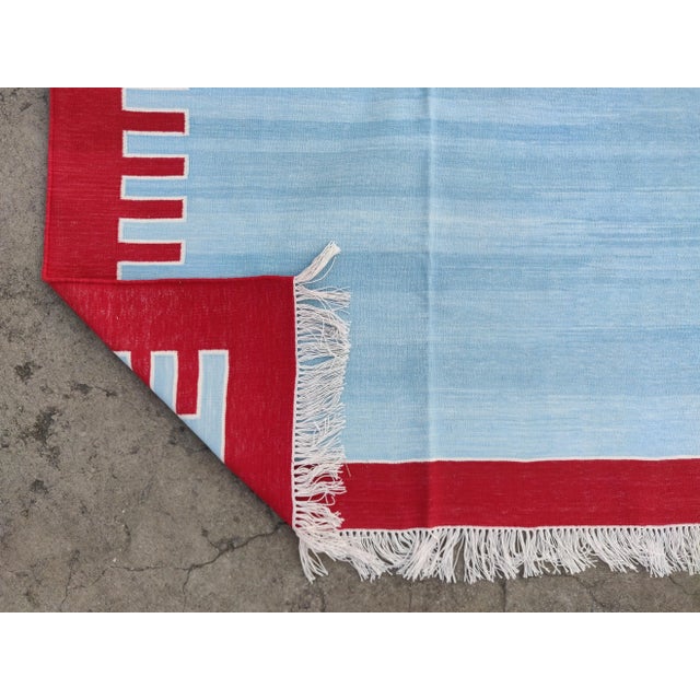 Casa Cosima Handmade Cotton Zig Zag Patterned Rug, Sky Blue and Red Bordered Dhurrie - 12'x15' For Sale - Image 4 of 10