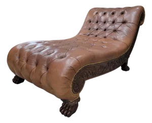 Antique Chesterfield Style Carved Oak Button Tufted Chaise Lounge With Carved Lion's Paw Feet Upholstered in Soft Italian Cognac Color Leather