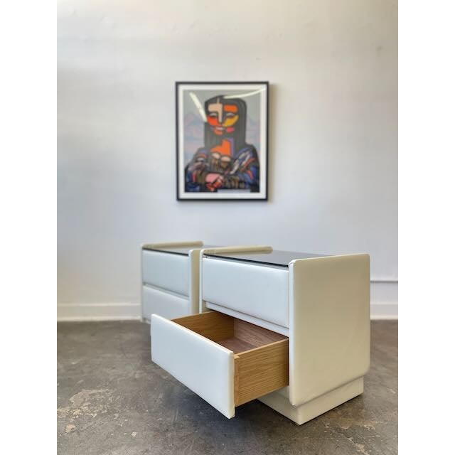 1980s Pair of Custom Vinyl & Smoked Glass Nightstands For Sale - Image 14 of 14