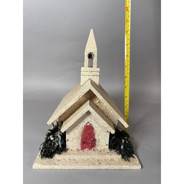 Wood Vintage Mica Putz Christmas Church Music Box With Bottle Brush Trees, C. 1940s–1950s For Sale - Image 7 of 11