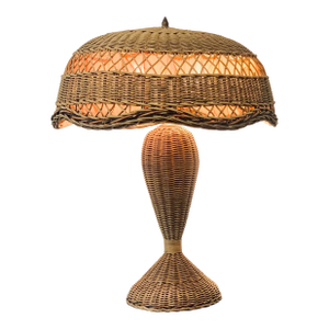 Early 20th Century Arts & Crafts Heywood-Wakefield Antique Wicker Table Lamp W/ Silk Underlay on Mushroom Shaped Shade