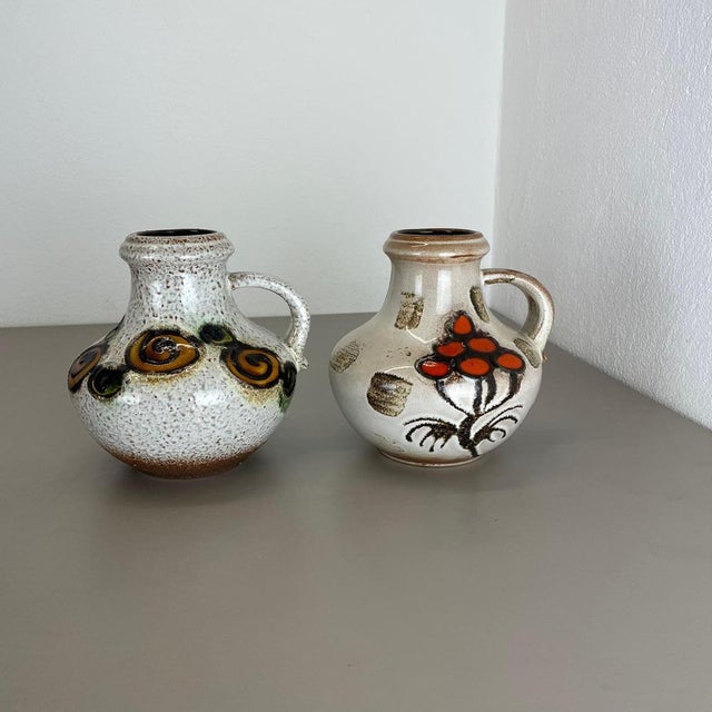 Pottery Fat Lava Vases Floral attributed to Scheurich, Germany, 1970s, Set of 2 For Sale - Image 3 of 18