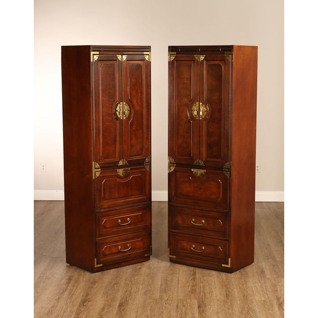 High Quality American Made Pair Of Bernhardt Wood Wardrobe Cabinets Featuring Paneled Doors With Burl Veneer Panels And...