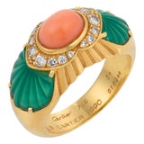 Cartier French Diamond Coral Chrysoprase 18k Yellow Gold Ring, Size 6.5 For Sale