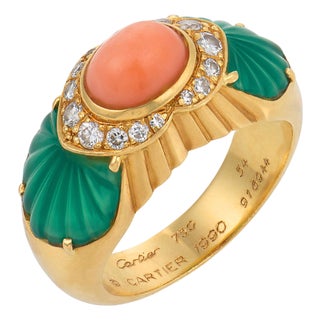 Cartier French Diamond Coral Chrysoprase 18k Yellow Gold Ring, Size 6.5 For Sale