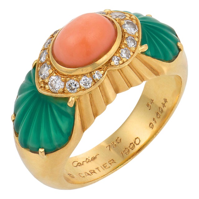 Cartier French Diamond Coral Chrysoprase 18k Yellow Gold Ring, Size 6.5 For Sale