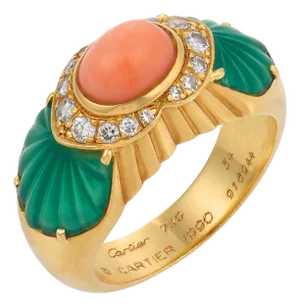Cartier French Diamond Coral Chrysoprase 18k Yellow Gold Ring, Size 6.5