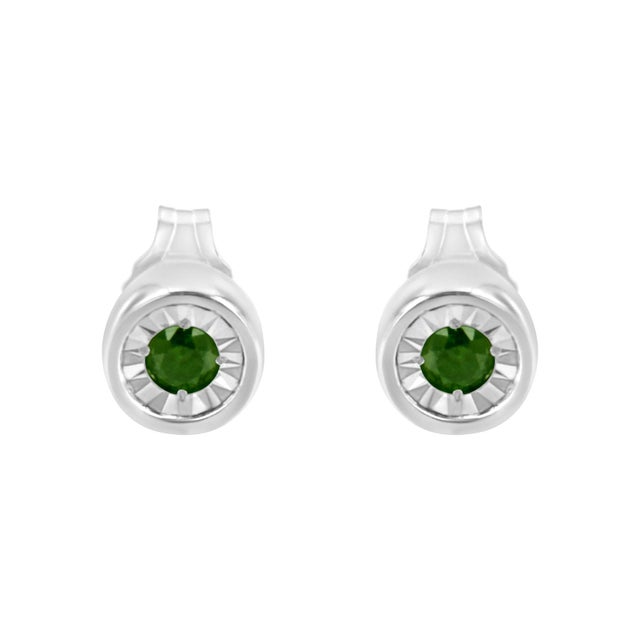 Contemporary .925 Sterling Silver 1/5 Cttw Round Brilliant-Cut Green Diamond Miracle-Set Stud Earrings (Fancy Color-Enhanced, I1-I2 Clarity) For Sale - Image 3 of 6