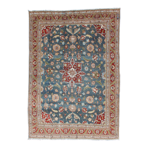 Antique Persian Tabriz Rug With Floral Medallion Design in Steel Blue & Red 6'10 X 9'10